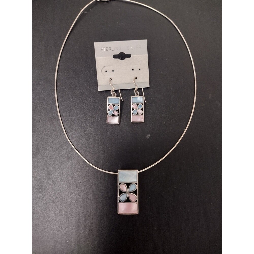Sterling Silver Floral Pastel Mother of Pearl Necklace and Earring Set 925